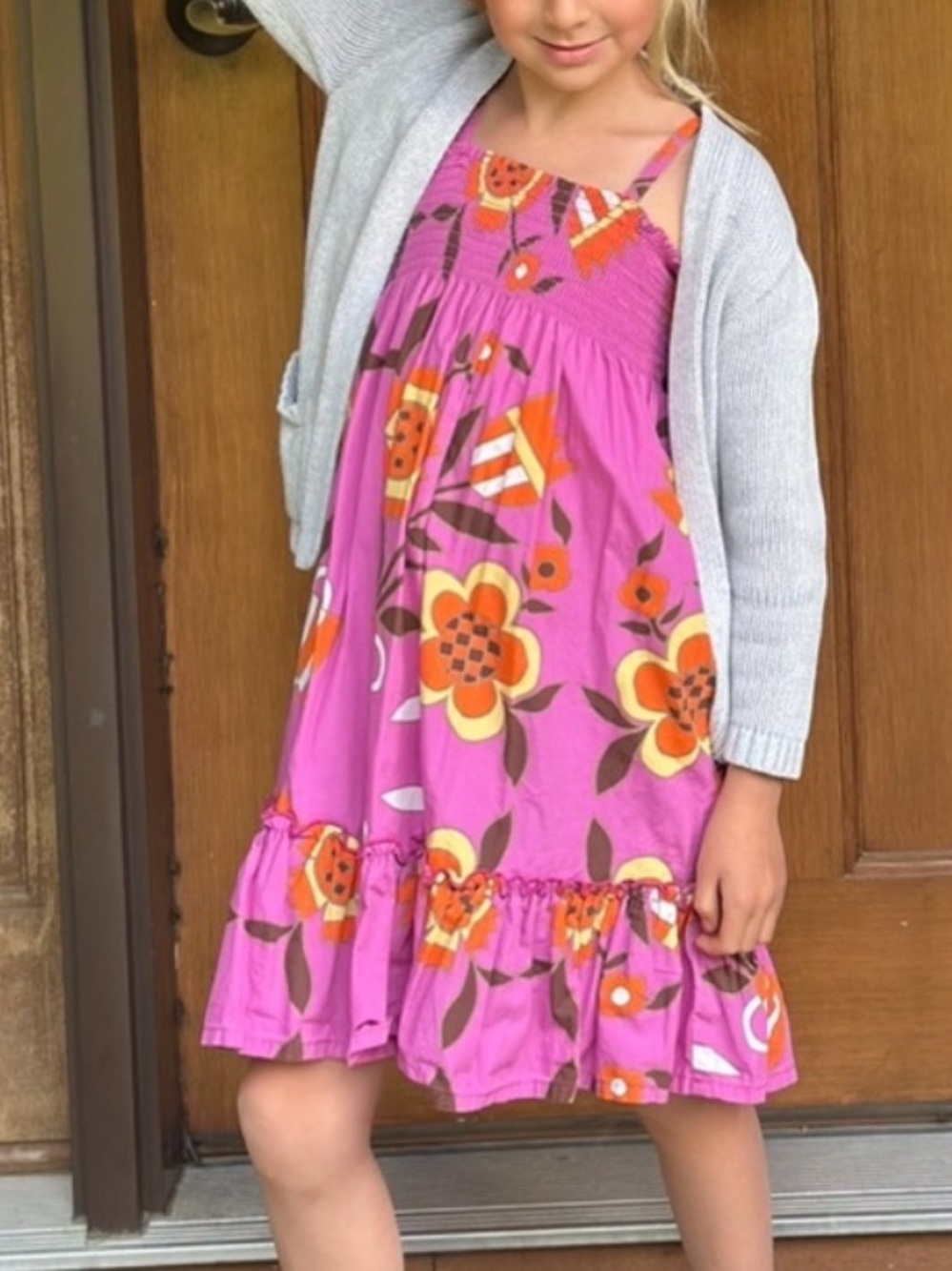 Hanna Andersson Girls Purple Orange Floral Smocked Sundress Size 6-7